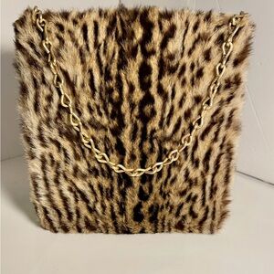Vintage Leopard Fur Box Purse Handbag Gold Chain